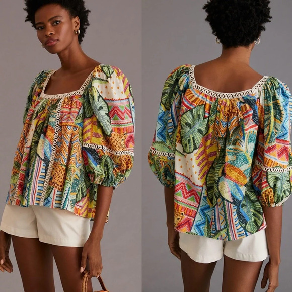 FARM Rio Tops - Farm Rio Lace Inset Peasant Blouse